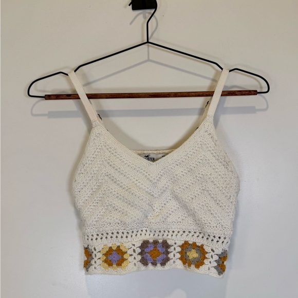 Hollister Tops - Hollister White Crochet Crop Top with Multicolor Floral Accents